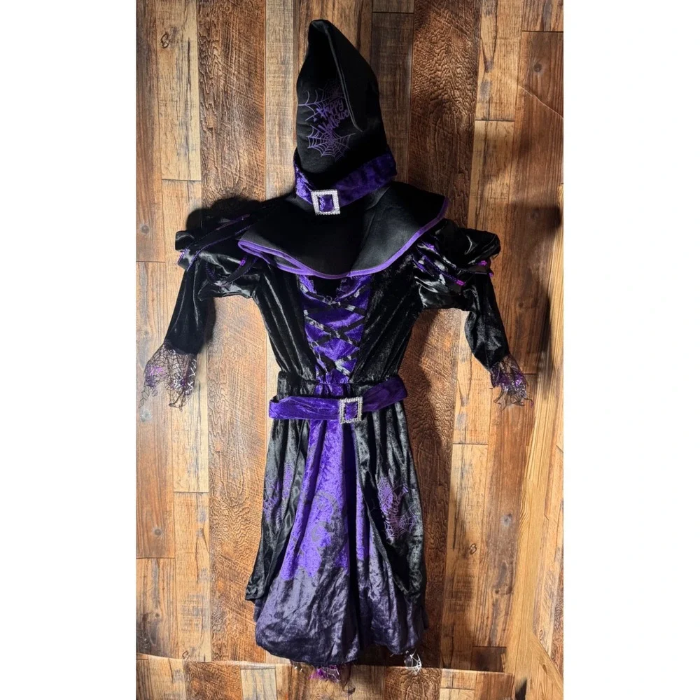 Kids Witch Costume Dress with Hat‎ Halloween Cosplay Black Purple Spiderweb
